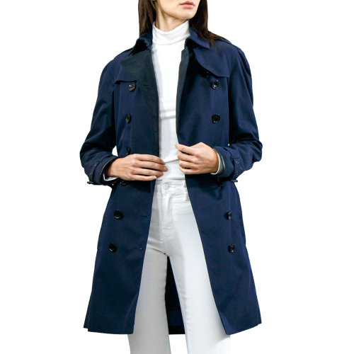 BURBERRY/博柏利 女士海軍藍(lán)色棉質(zhì)混紡尼龍雙排扣中長(zhǎng)風(fēng)衣外套 3946321