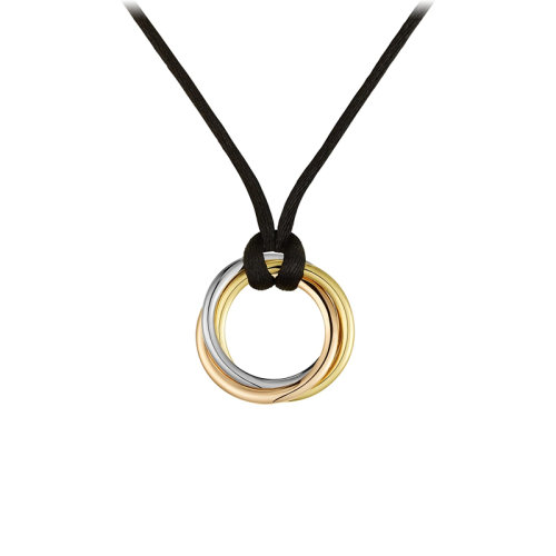 CARTIER/卡地亞 TRINITY系列 18K金白金玫瑰金黃金三環(huán)三色黑色細繩項鏈 B3041200