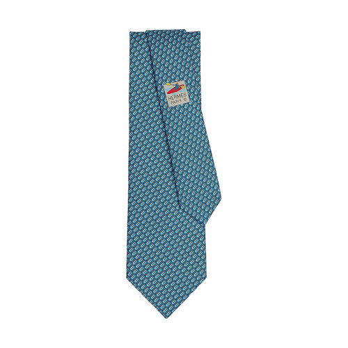 HERMES/愛(ài)馬仕 男士藍(lán)色/橙色真絲重斜紋皮劃艇領(lǐng)帶H646238T01