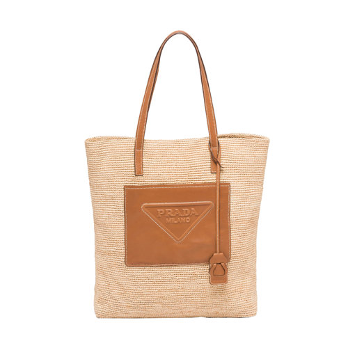 PRADA/普拉達(dá) 22新款 男士焦糖/米白色編織拉菲草配皮拆卸鑰匙圈扁平手柄單肩手提托特包2VG094_2A2T_F0KFZ_V_OOO