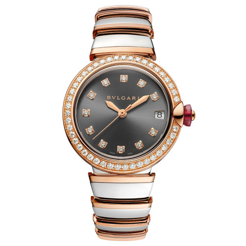 BVLGARI/寶格麗  精鋼表殼 鑲有鉆石的18K金玫瑰金表圈和精鋼表鏈 灰色烤漆表盤 鑲有鉆石的時標(biāo) LVCEA自動機械手表 33毫米103029