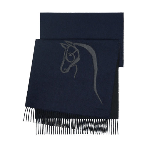 HERMES/愛馬仕 22年早春新款 Cheval au Trait系列 男士深藍(lán)/黑色馬頭圖案純羊絨圍巾H393782T03