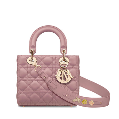 DIOR/迪奧 22新款LADY DIOR系列 女士小號復古粉色藤格紋羊皮革MY ABCDIOR單肩斜挎手提戴妃包（勛章款）M0538OCAL_M77P