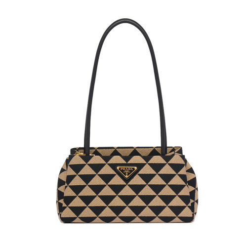 PRADA/普拉達(dá) 22新款 小號(hào)女士黑色/米色三角雙色拼接效果織物配皮徽標(biāo)金扣飾刺繡提花手提包1BA368_2FKL_F0Y30_V_OOO