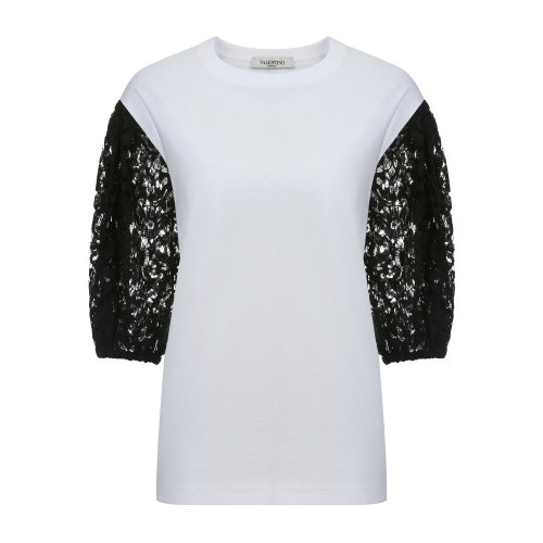Valentino/華倫天奴 白色 女士平紋針織與重磅蕾絲泡泡袖T恤 TB3MG03W54JA01 2020早春