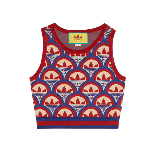  GUCCI/古馳 22年秋冬新款 adidas聯(lián)名系列 女士紅色/藍(lán)色粘膠纖維混紡老花提花無袖上衣背心?702871XKCDO6431