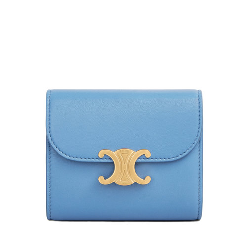 CELINE/賽琳 22春夏新款TRIOMPHE系列 女士小號天藍(lán)色亮澤光滑羊皮革金扣錢包10D783BZG.07ZA