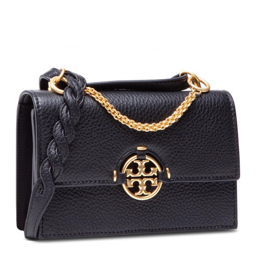 Tory Burch/湯麗柏琦 女士黑色粒面皮革經(jīng)典金屬徽標(biāo)裝飾磁扣開合單肩包斜挎包手提包女包 80532-001