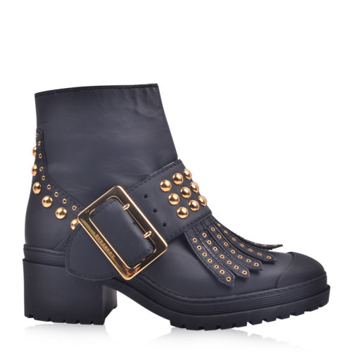 BURBERRY/博柏利女士磨砂皮金屬扣鉚釘流蘇踝靴拉鏈粗跟短靴8007033