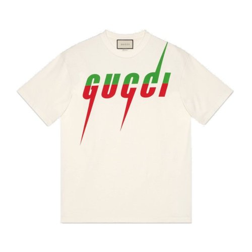  GUCCI/古馳  男士白色純棉拼色字母鋒刃印花短袖T恤 565806 XJAZY 9037