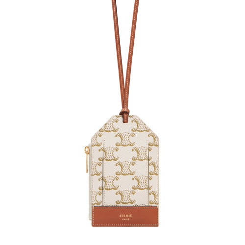 CELINE/賽琳   男女通用白色老花凱旋帆布棕褐色皮革項(xiàng)鏈型卡包卡片夾10H852DB7.01TA