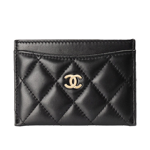 CHANEL/香奈兒 經(jīng)典款黑色滑面小羊皮金色雙C卡片夾