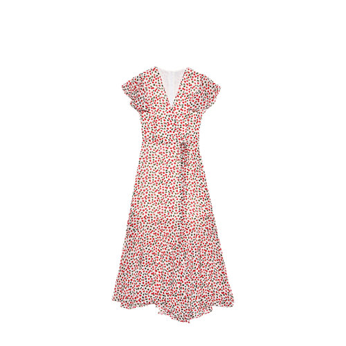 GeleiStory/GeleiStory  夏季新款法式清新抽褶魚尾碎花V領(lǐng)優(yōu)雅顯瘦中長款連衣裙  女裝＞女士裙裝＞女士連衣裙