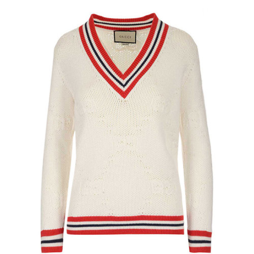 GUCCI/古馳  女士 時尚百搭 白色V領(lǐng) 條紋 女士針織衫/毛衣 套衫 579815-XKARR-9376