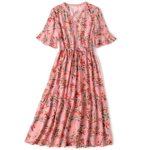 GeleiStory/GeleiStory真絲女士連衣裙桑蠶絲印花V領(lǐng)收腰顯瘦長裙夏季