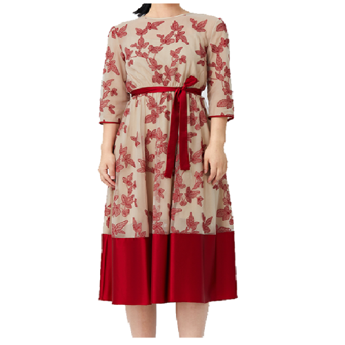 HUI/卉21年秋冬新品 滿庭楓葉意大利進(jìn)口網(wǎng)布繡花100%蠶絲內(nèi)里拼接款優(yōu)雅長(zhǎng)裙女士連衣裙HR41L03845