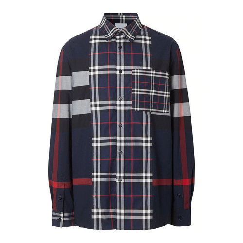 BURBERRY/博柏利 鑲拼格紋彈力棉府綢男士長(zhǎng)袖襯衫80256151