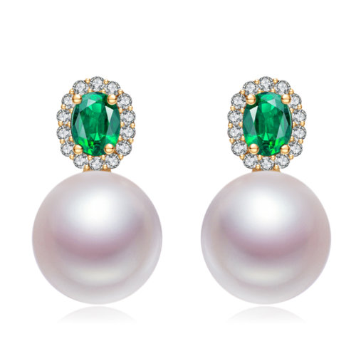 zhuella/珠艾樂 18k金合成祖母綠日本海水珍珠耳環(huán)