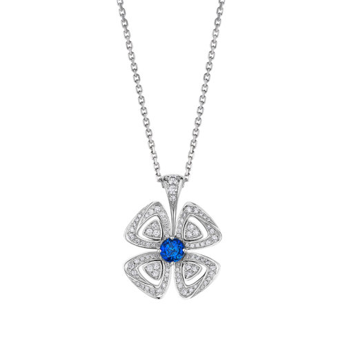 BVLGARI/寶格麗 FIOREVER系列 18K金白金鑲嵌藍寶石密釘鉆石四葉草吊墜項鏈358426