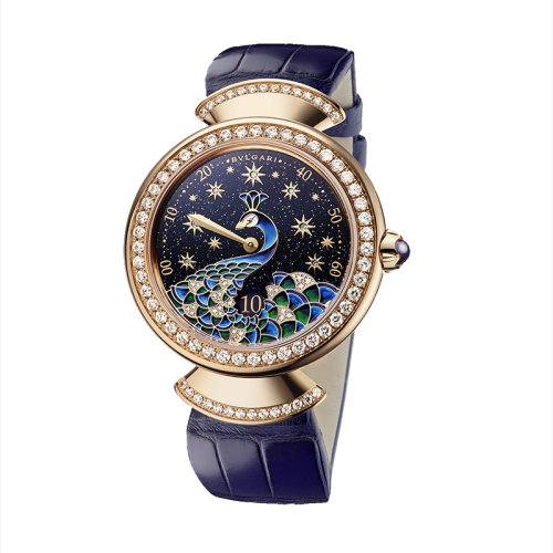 BVLGARI/寶格麗 鑲鉆款18K金玫瑰金表殼和扇形鏈節(jié)藍(lán)色鱷魚皮表帶女士自動機械腕表 37毫米 103114