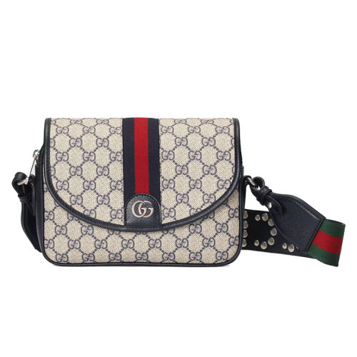 GUCCI/古馳 22新款Ophidia系列 女士迷你米色/烏木色老花帆布配藍(lán)色皮革皮紅藍(lán)色織帶細(xì)節(jié)配紅綠鉚釘肩帶單肩斜跨包