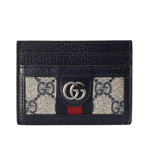 GUCCI/古馳 22春夏新款Ophidia系列 女士米色/藍色老花帆布紅藍織帶配藍色皮革雙G卡夾 52315996IWN4076