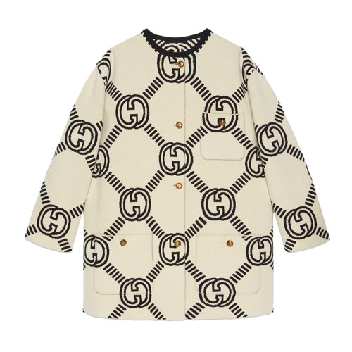 GUCCI/古馳      女士黑色和象牙白色羊毛混紡互扣式雙G雙面開衫678318XKB5T9192