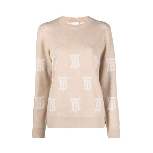 BURBERRY/博柏利 女士拼色羊毛混紡真絲TB徽標(biāo)嵌花圓領(lǐng)毛衣 8052405