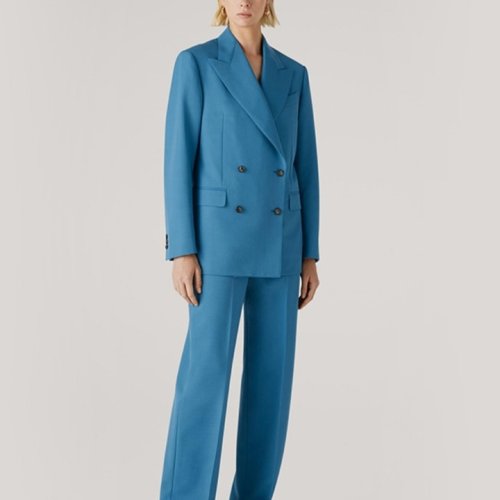 St.John/盛薔藍色雙排扣寬松西裝女士夾克外套K6111H1