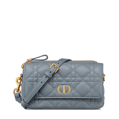 DIOR/迪奧 22秋冬新款CARO系列 女士云藍色柔軟藤格紋牛皮革CD金扣多隔層翻蓋開合鏈條手拿包單肩斜挎包S5125UWHC_M81B