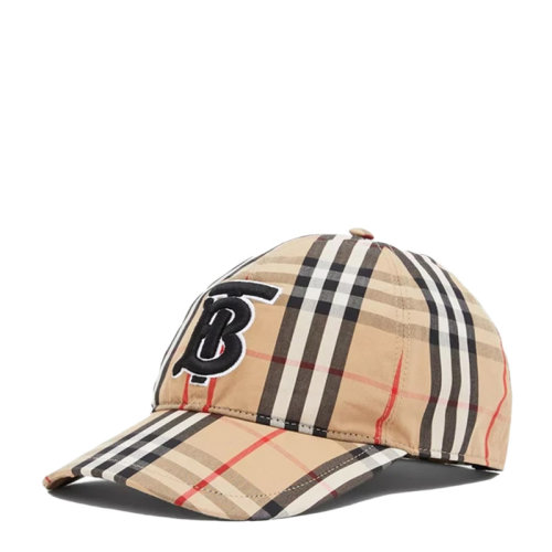 BURBERRY/博柏利 男士米色棉質(zhì)字母徽標(biāo)刺繡復(fù)古格紋印花時尚休閑帽棒球帽鴨舌帽男帽 8038504