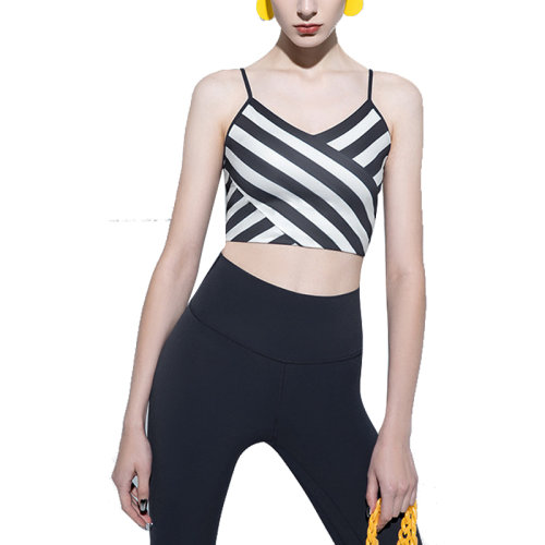 GeleiStory/GeleiStory  海洋印花運動條紋拼接瑜伽服套裝女士時尚美背跑步健身衣兩件套   女運動套裝