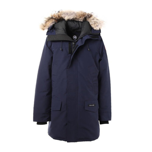 Canada Goose/加拿大鵝 秋冬款 男士深藍(lán)色郊狼毛領(lǐng)貼花徽標(biāo)連帽中長(zhǎng)款羽絨服LANGFORD派克大衣男裝