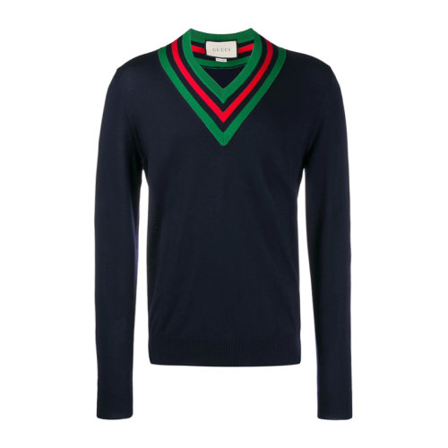 GUCCI/古馳 男士經(jīng)典綠藍(lán)紅條紋V領(lǐng)羊毛學(xué)院風(fēng)針織衫毛衣男裝 576802-XKAUK多色可色可選