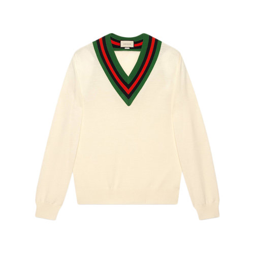 GUCCI/古馳  新款男士白色V領(lǐng)羊毛針織毛衣  576802XKAUK9133