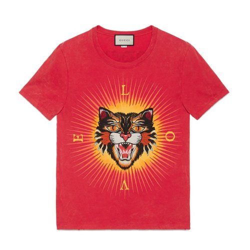 GUCCI/古馳 羅志祥/潘瑋柏同款 男士棉質(zhì)憤怒的貓圖案男士短袖T恤