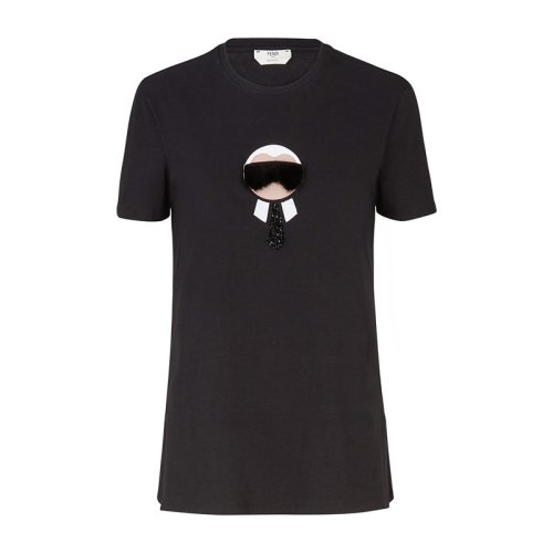 FENDI/芬迪 女裝 服飾 黑色棉質老佛爺毛毛裝飾修身 女士短袖T恤