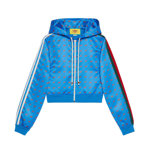 GUCCI/古馳 22年秋冬新款 adidas聯(lián)名系列 女士藍(lán)色尼龍面料斜紋老花印花連帽夾克693421XJEBI6269