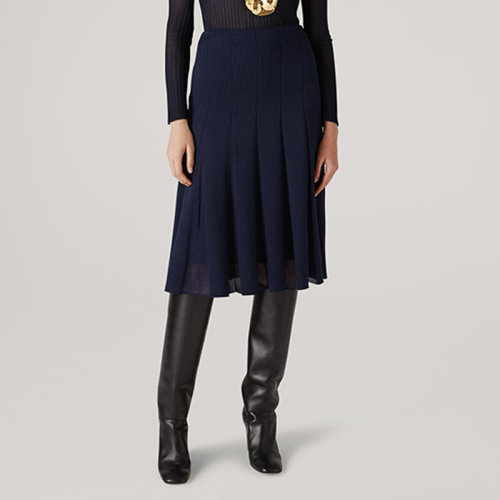 St.John/盛薔藏青色壓褶中長款針織女士半身裙K7110F1