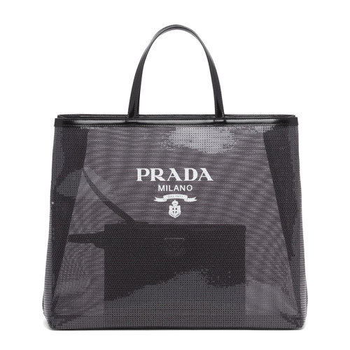 PRADA/普拉達  女士黑色織物材質(zhì)皮革提手附可拆卸皮革拉鏈式小袋亮片裝飾網(wǎng)眼手提托特包1BG416_2D0A_F0002_V_OOO