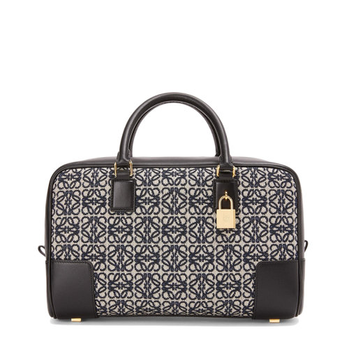 LOEWE/羅意威 21新款A(yù)mazona 28系列 女士海軍藍(lán)色黑色徽標(biāo)提花織物小牛皮飾邊掛鎖裝飾單肩斜挎手提包0010623437