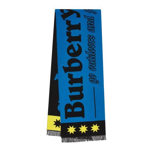 BURBERRY/博柏利新款 男女同款藍(lán)色黃色拼色羊毛混紡雙面大logo流蘇圍巾80496611