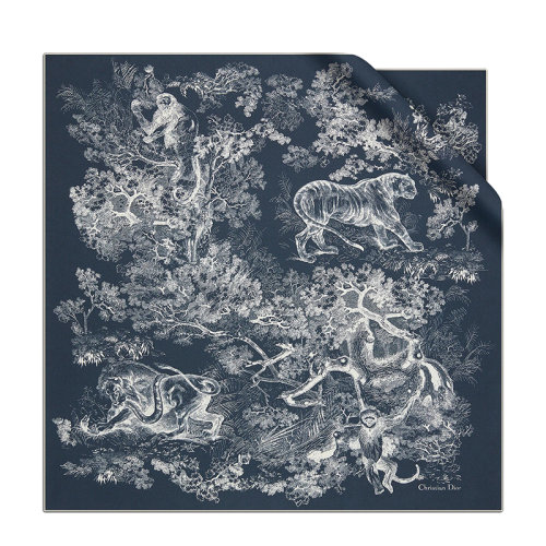 DIOR/迪奧 22年春夏新款 女士海軍藍和象牙色Toile de Jouy Sauvage圖案真絲斜紋布方巾頭巾圍巾15JOU055I602_C585