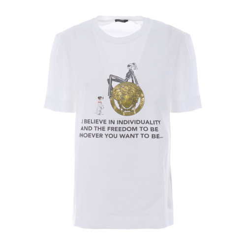 VERSACE/范思哲 女士白色棉質(zhì)經(jīng)典字母徽標(biāo)印花裝飾圓領(lǐng)短袖上衣T恤 A77705-A201952-A1001
