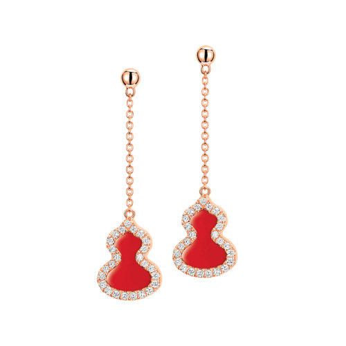 【 乘風破浪的姐姐同款】QEELIN/麒麟珠寶 WULU 18K金玫瑰金紅瑪瑙葫蘆鑲鉆邊小號耳墜 WU-ER0003D-RGDRA