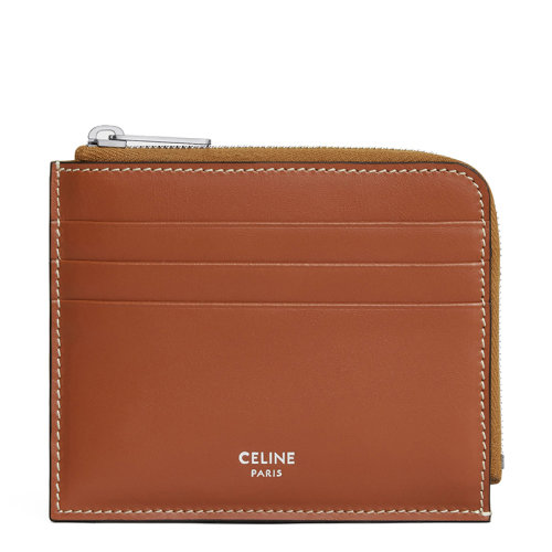 CELINE/賽琳 22新款TRIOMPHE系列 女士褐色老花帆布配棕色皮革銀扣拉鏈開(kāi)合多功能雙面零錢包卡包10K082CZ1.04LI