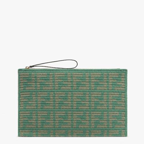  FENDI芬迪 22年秋冬 女士 手拿包 綠色皮革與羊絨手拿包 8N0178ALMLF1IR0