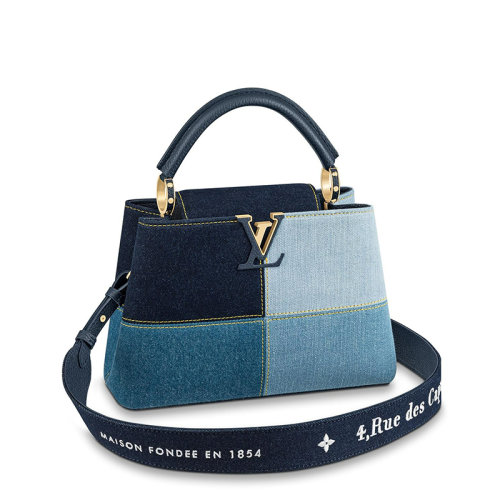 Louis Vuitton/路易威登 22春夏新款CAPUCINES BB系列 女士藍色多系列色拼接效果皮革/丹寧布金扣配可拆卸徽標元素印花織帶單肩手提包M59430