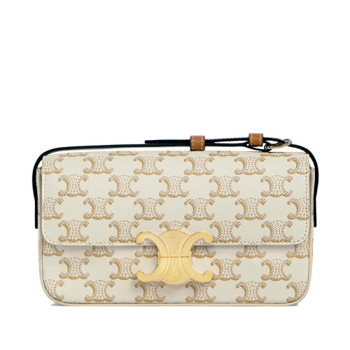 CELINE/賽琳 TRIOMPHE系列 女士白色凱旋老花帆布棕褐色小牛皮飾邊金扣翻蓋斜挎單肩包194142CUZ.01BC