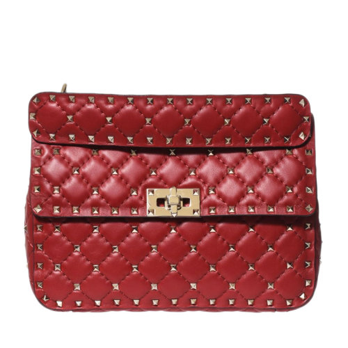 Valentino/華倫天奴 女士紅色羊皮鉚釘裝飾旋鎖開合單肩包斜挎包鏈條包女包 RW2B0122-NAP-0RO
